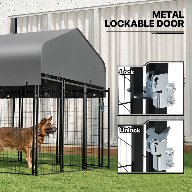 Large Black Steel Outdoor Dog Kennel with Waterproof Cover