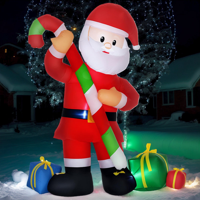 Décoration de Noël gonflable pour l'extérieur - Père Noël 6 pi avec canne en bonbon et boîtes-cadeaux, présentoir à DEL