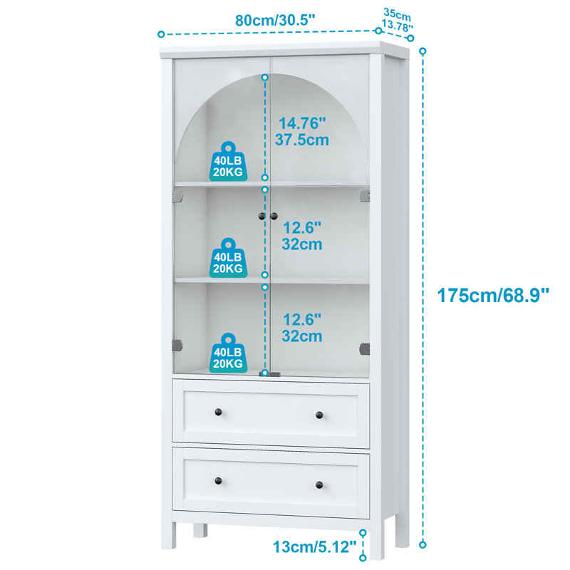 Display Cabinet With Glass Doors, White Arched Bookcase With Drawers, Tall China Curio Cabinet, Display Cases For Collectibles