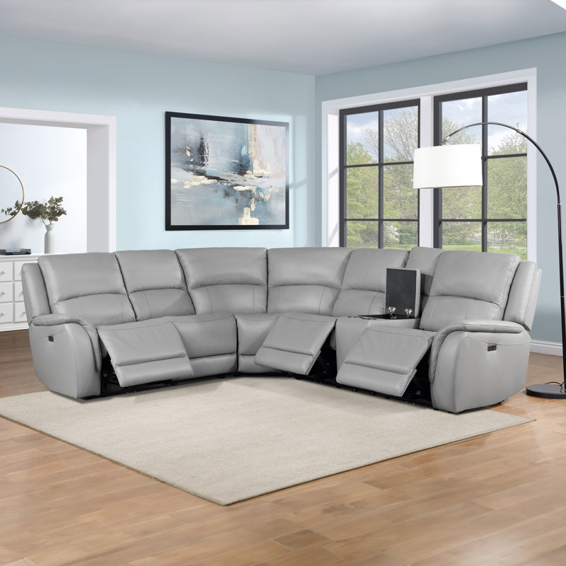 Malounta Wellkamp Leather 6-Piece Power Reclining Sectional, Stone Genuine Leather