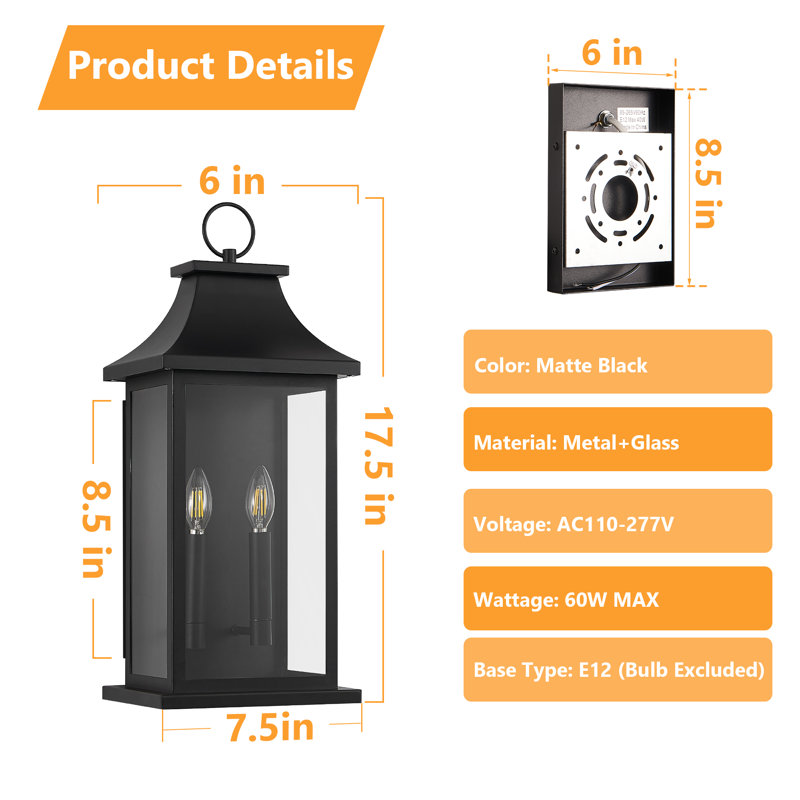 Outdoor Wall Light With Durable Metal & Clear Glass For E12 Bulb, 18 Inch