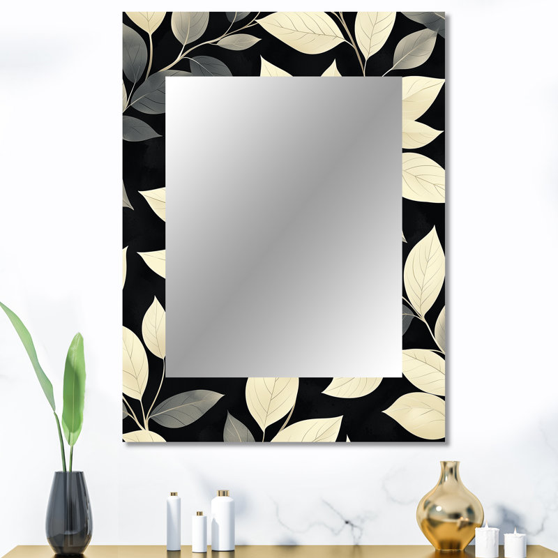 «Black Beige Leaves Gentle Breeze II» - miroir mural à feuilles, miroir décoratif traditionnel, impression d'art en métal