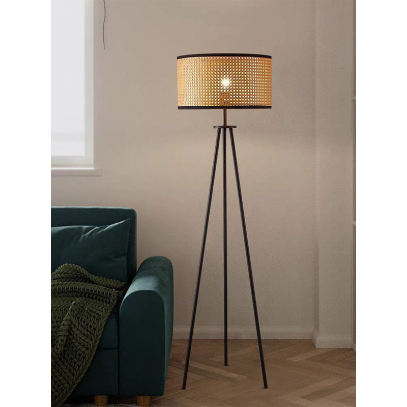 Lampe sur pied rétro en fer et en rotin de style Wabi-Sabi