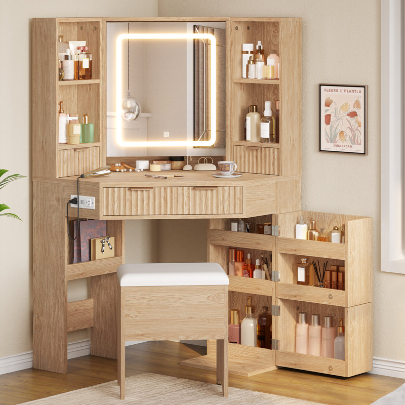 Bureau de coiffeuse d'angle avec miroir éclairé à DEL et tablettes rotatives et station de charge, ensemble de coiffeuse de maquillage avec miroir et tabouret de rangement, table de maquillage avec tiroirs, tablettes rotatives, couleur chêne