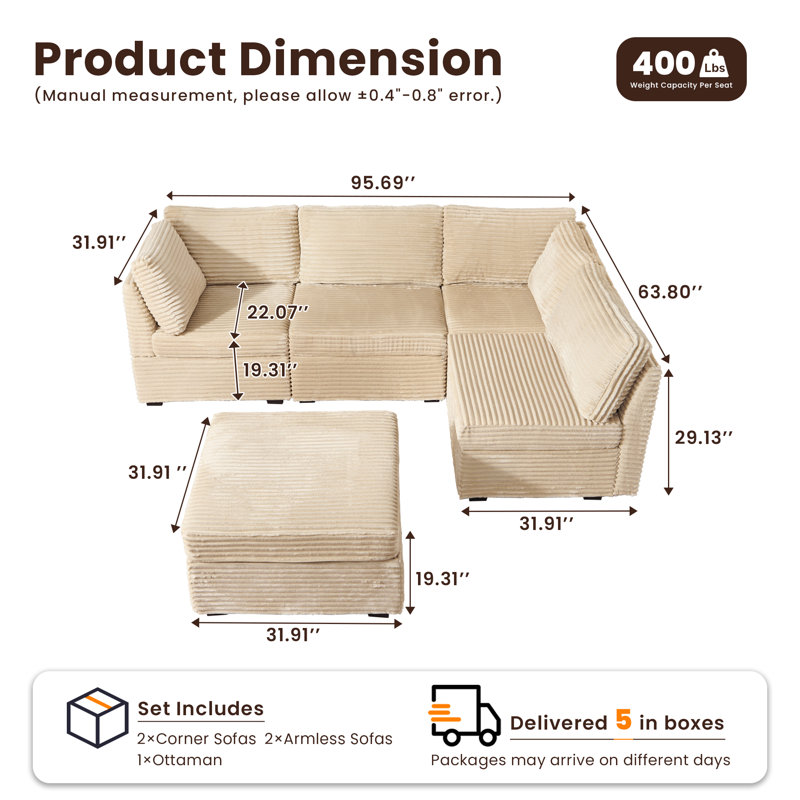 Canapé modulaire en velours côtelé moelleux avec repose-pieds mobile 95,05 po Hogle, Velours côtelé beige moelleux