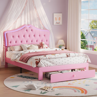 LED Crystal Tufted Velvet Upholstered Bed Frame – Storage Drawer, Noise-Free Slats, No Box Spring Needed, Modern Kids & Teens Furniture, Easy Assembly, Twin Size, Purple