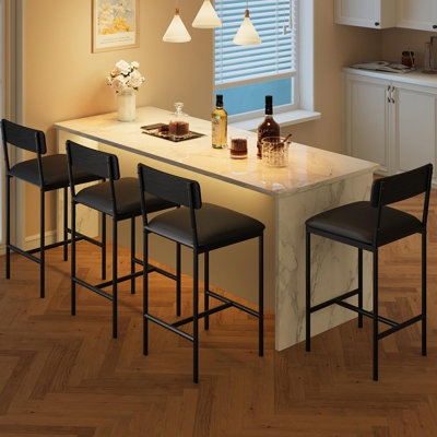 Ensemble de 4 tabourets de bar - Noir rustique - Chaises de bar rembourrées à hauteur de comptoir avec dossier et repose-pieds, îlot de cuisine et sièges de bar, assemblage facile
