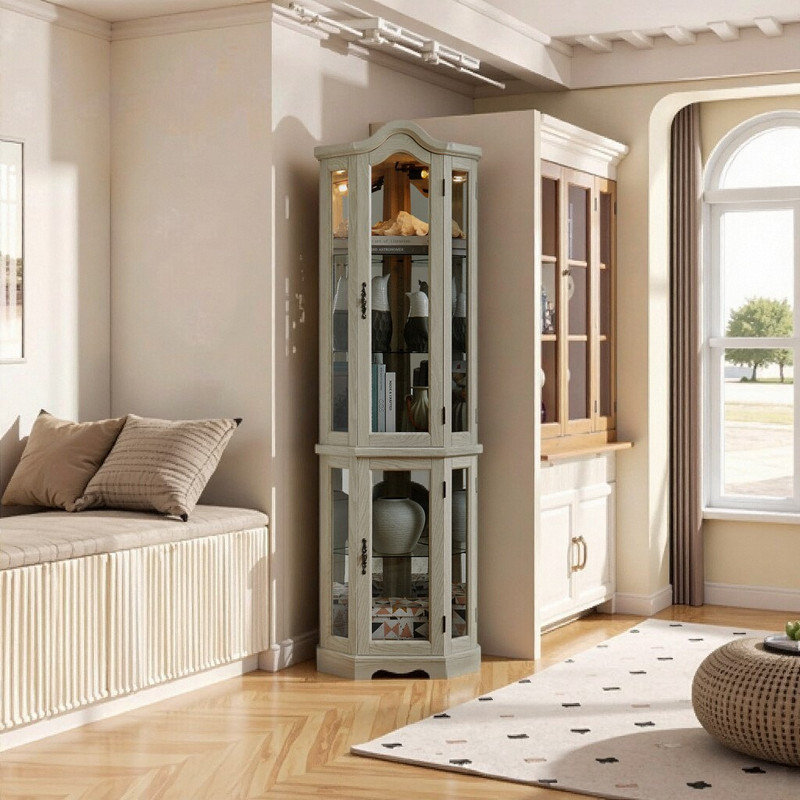 Corner Display Cabinet with Adjustable Glass Shelves, Vintage Finish Curio with Push-Open Doors, White