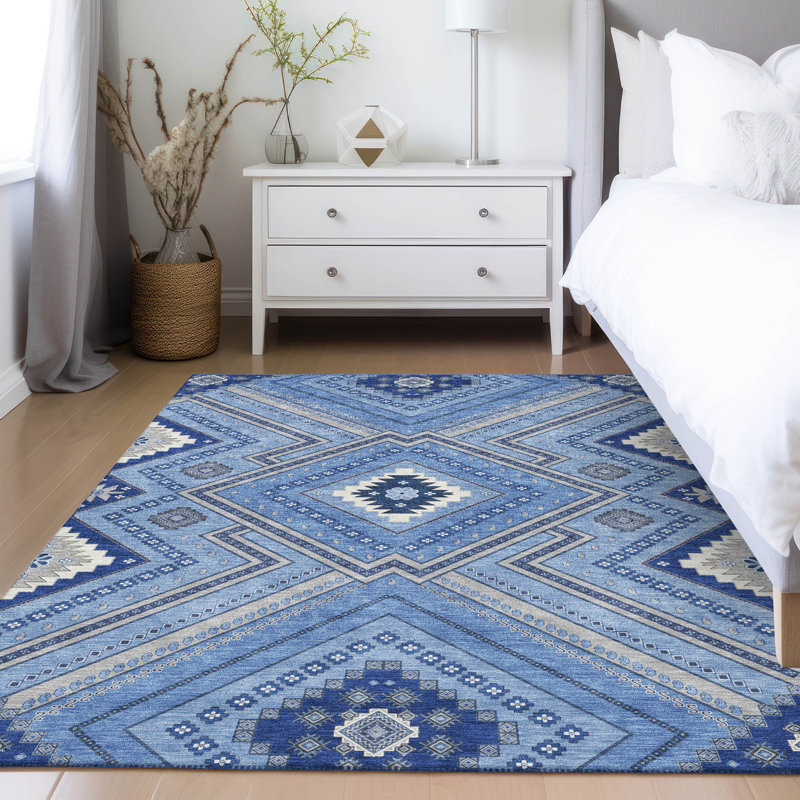Blue Tribal Pattern Washable Synthetic 8' x 10' Rug