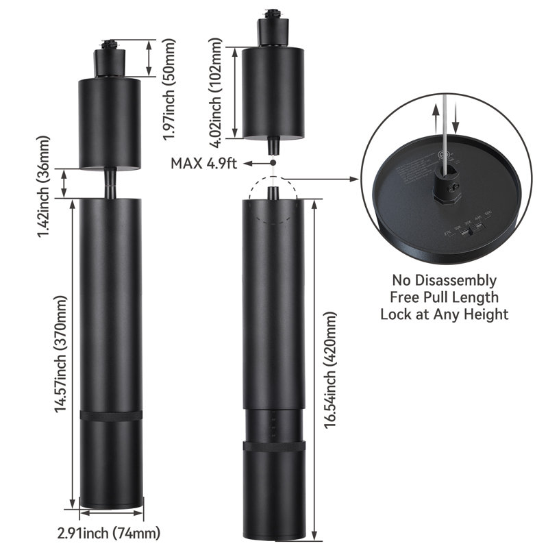 Luminaire suspendu avec rail rétractable 5cts, compatible avec rail en H, 20 W, 1 600 lm, chute réglable, noir, Noir satiné