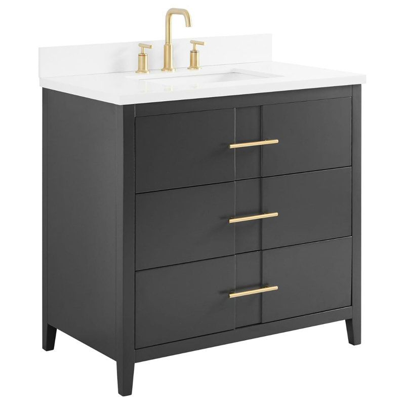Meuble-lavabo simple autoportant de 36 po Atik avec comptoir en quartz blanc pur et lavabo en céramique, Anthracite / Or