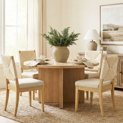 5-Piece Wood Round Dining Set With 4 Woven Rope Upholstered Chairs