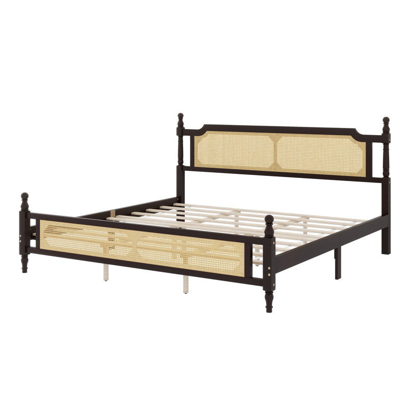 Lit en bois de pin - tête de lit en rotin, pied de lit en rotin et plateforme de lit central amélioré, Espresso