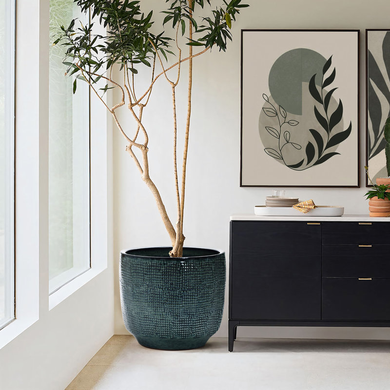 Pot à fleurs rond en céramique Ocean, Vert, H 14 po x l 15,75 po x P 15,75 po