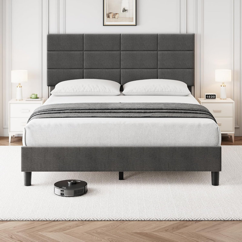 Structure de lit avec tête de lit réglable, lit plateforme tapissier en lin avec lattes de bois, silencieux, aucun sommier requis, assemblage facile, conception minimaliste pour chambre à coucher, appartement