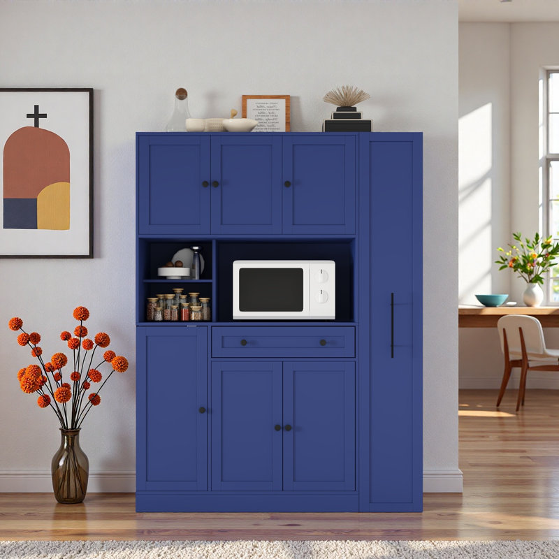 Garde-manger autoportant avec armoire latérale, tablettes de porte et tiroir, Bleu