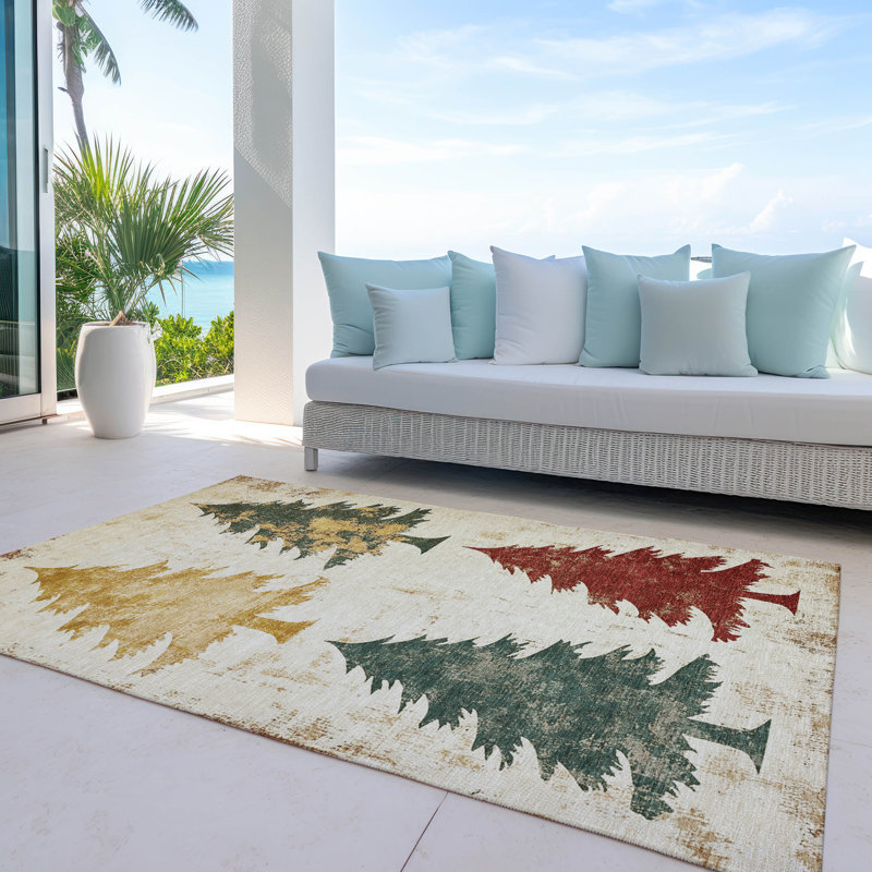 Ivory Synthetic 5' x 7' Washable Rectangular Rug with Tree Design