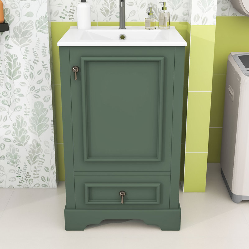 Meuble-lavabo de salle de bain avec lavabo en céramique, tablette réglable en U et tiroir à compartiments, Vert