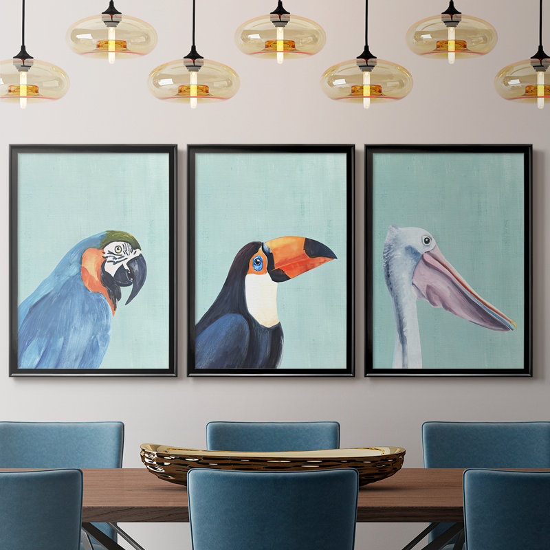 Oiseau exotique sur bleu I - Toile tendue avec châssis sur mesure - 3 pièces, Noir, noir, noir, noir, H 30 po x l 63 po