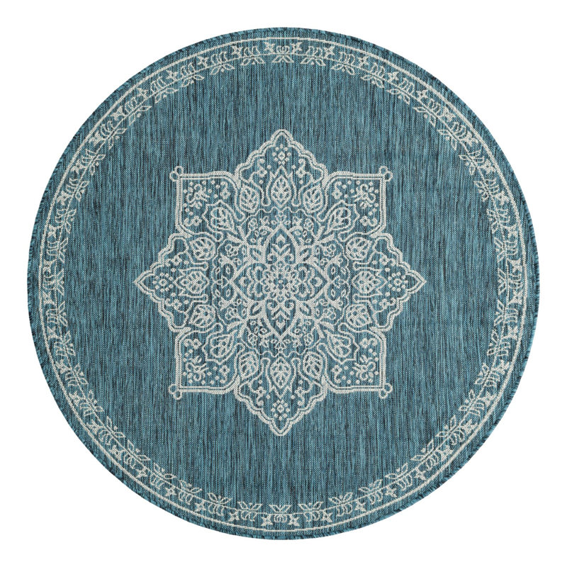 Craighead Oriental Machine Made Power Loom Polypropylene Indoor / Outdoor Area Rug in Blue/Gray, Round 5'3"