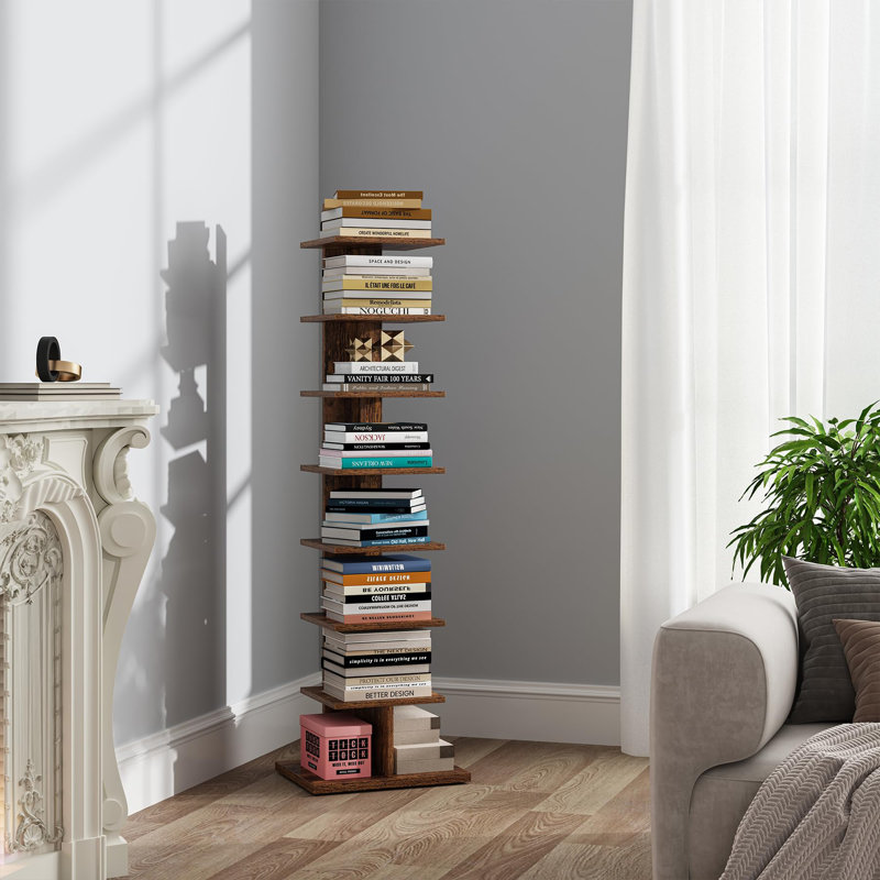 8-Tier Vertical Bookshelf, Narrow Bookcase for Small Spaces, Rustic Brown