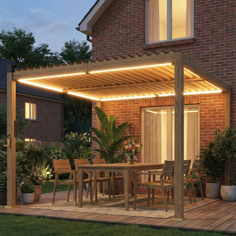 Louvered Pergola with Solar LED lights, 10' x 10' Outdoor Pergola Metal Patio Hardtop Gazebo with Adjustable Metal Louvered Roof, Drainage Gutters, Handle for Deck, Brown