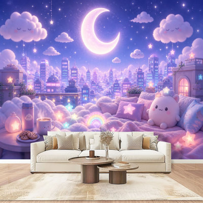 Papier peint mural autocollant représentant un paysage urbain nocturne féerique avec lune lumineuse et étoiles kawaii. Décoration murale moderne pour chambre ou salon. Dimensions : 254 cm (L) x 366 cm (l).