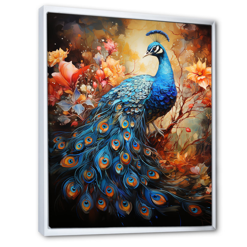 «Majestic Blooming Plumage Peacock II», reproduction sur toile, Cadre flottant blanc, H 44 po x l 34 po x P 1,5 po
