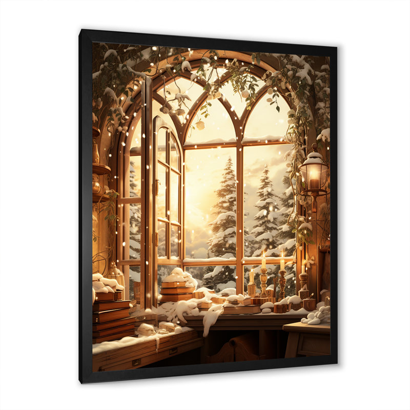 «Christmas Winter Window View I - Winter Landscape», impressions sur toile, H 20 po x l 12 po x P 1 po, Cadre simple noir
