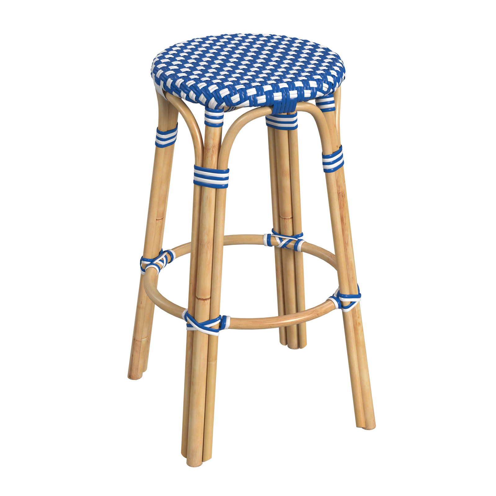 Alastair Bar & Counter Stool, Bar Stool (30" Seat Height), Blue/White Dot/Natural Rattan Frame