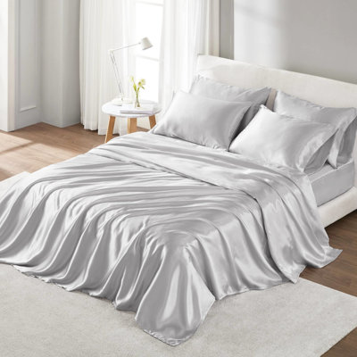Grey 4 Pcs Twin 100% Satin Luxury Sheet - Wrinkle , Smooth And Silky, Tames Frizz, Fitted For 16" Mattresses, Open Ended Pillowcases,