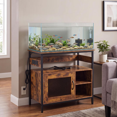 Meuble pour aquarium de 40 à 50 gallons avec prises électriques, en métal et en bois, 3 niveaux de rangement, brun