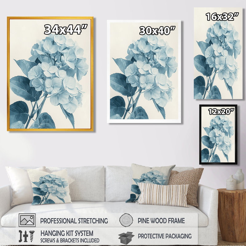 «Hortensias monochromes dans l'ombre du jardin I», reproduction sur toile, H 60 po x l 28 po, Impression encadrée flottante