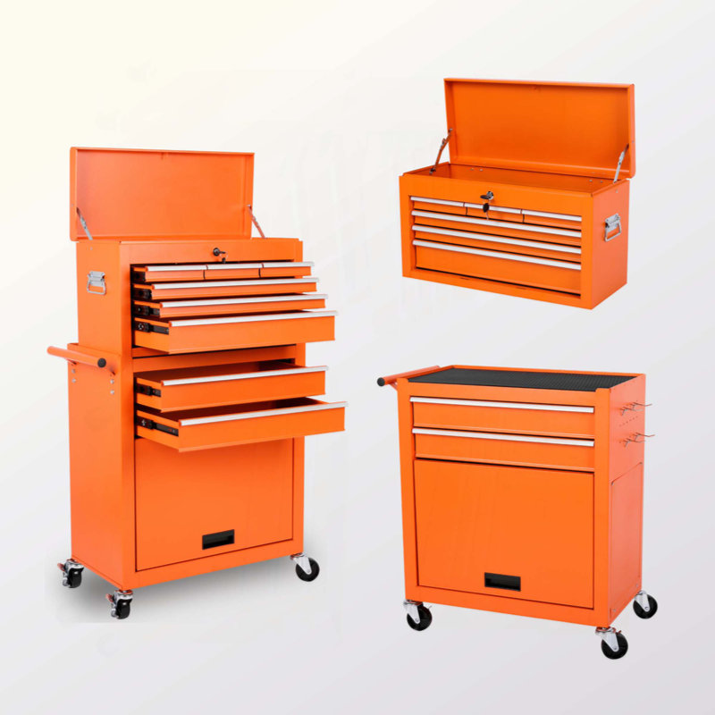 Coffre à outils, armoire de rangement à outils à 8 tiroirs avec coffre à outils amovible 2 en 1, doublure, roues verrouillables, crochets latéraux, chariot à outils en métal pour le garage