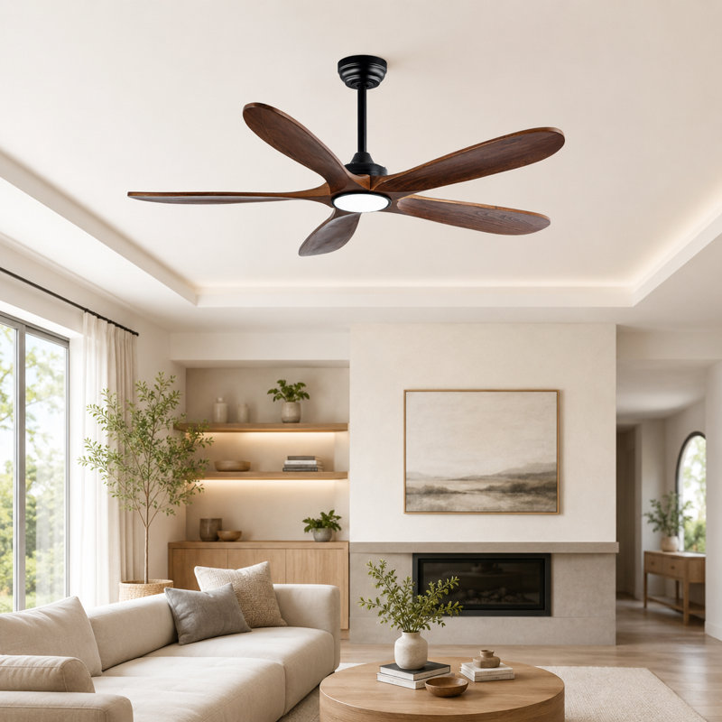 Ventilateur de plafond moderne en bois massif de 52 pouces avec lumières Ventilateur de plafond à DEL à moteur à courant continu réversible à 6 vitesses Facile à assembler pour le patio