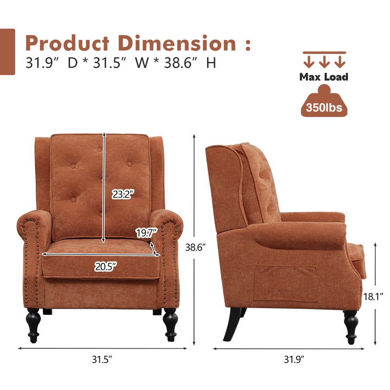 Mid-Century Modern Wingback Chair with microfiber Upholstery, Orange