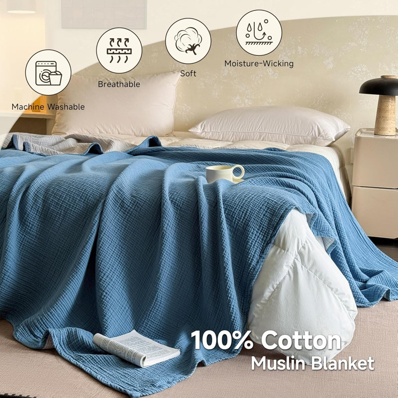 Couverture 100% mousseline de coton, L 86 po x l 68 po, Dusty Blue