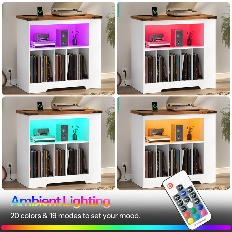 Large Record Player Stand with Charging Station & LED Lights