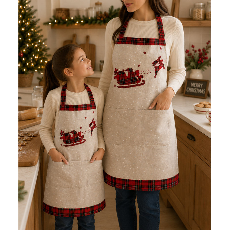 Tablier tartan-père noël avec tablier de rennes, Adulte