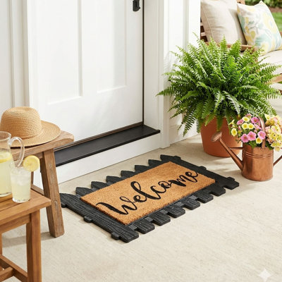 Farmhouse Interchangeable Welcome Doormat with Rubber Picket Fence Frame