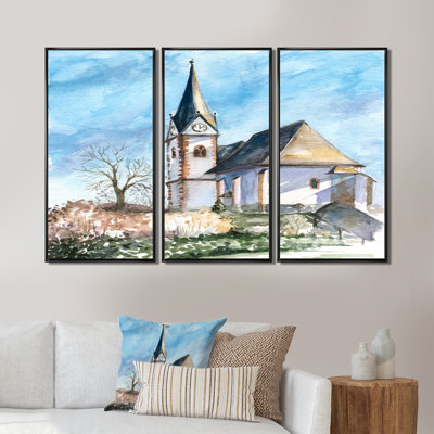 «Little Village Church In The Pine Trees II», ensemble d'art mural encadré colonial sur 3