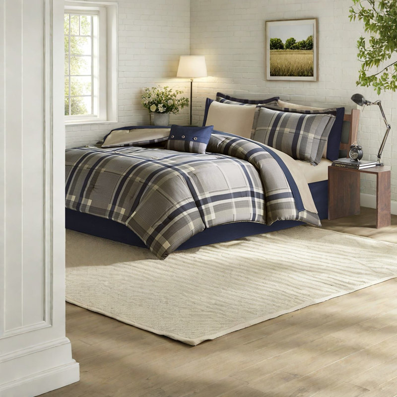 Navy Plaid Bedding Set, Hypoallergenic Polyester, Modern Style For Home