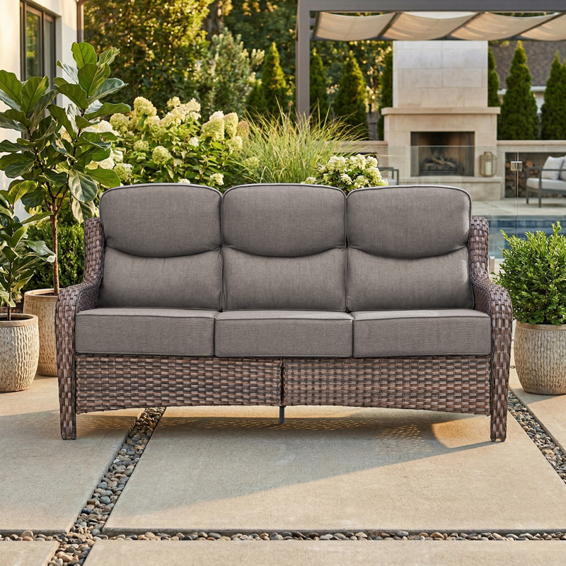 Wickes Patio Outdoor PE Wicker Sofa With 6" Thickness Cushions, Brown, Gray