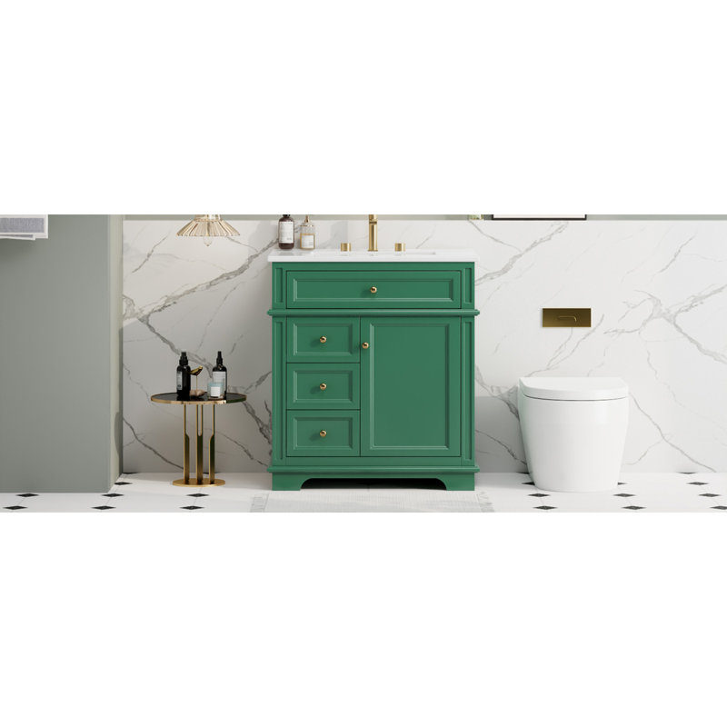 Meuble-lavabo 30 po avec lavabo, un tiroir basculant, trois tiroirs, tablette de porte, porte à fermeture douce, vert