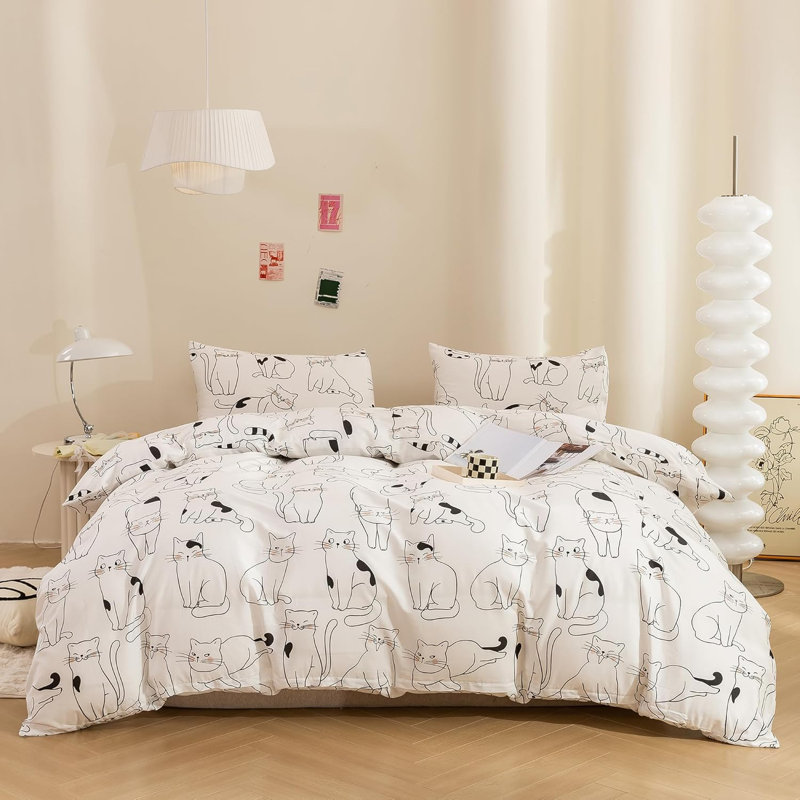 3 PCS Cartoon Cats Duvet Cover Ultra Soft & Breathable Comforter Cover, Queen Duvet Cover + 2 Shams