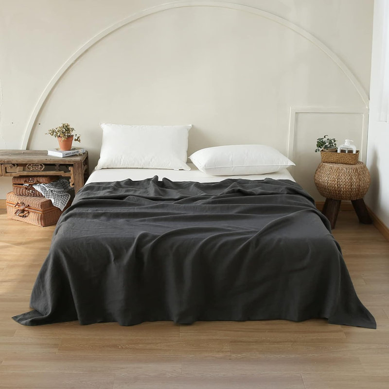 Drap français avec bordure brodée - literie 100% lin lavé à la pierre, Grand lit, Gris foncé
