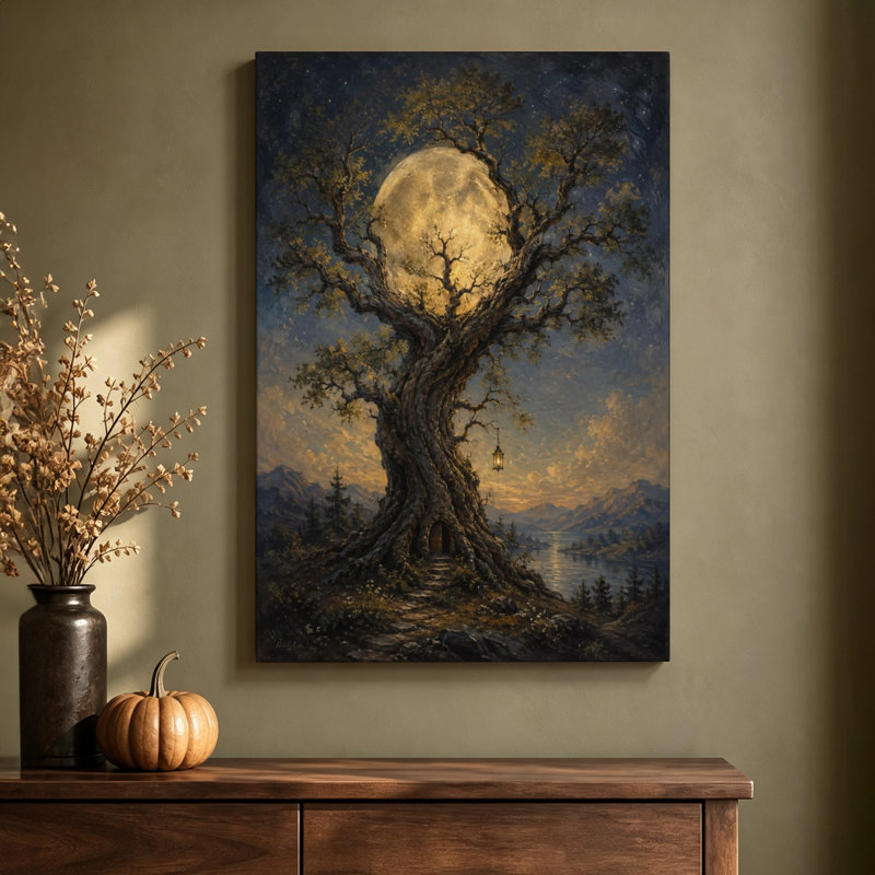 Arbre géant au clair de lune avec lanterne suspendue, tableau romantique d'Halloween, toile montée sur châssis, 61 cm H x 91 cm L, prêt à accrocher