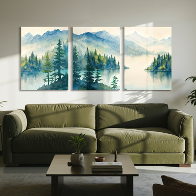 Lake Mountain Forest Panoramic Watercolor, Blue Green Nature Scene  Canvas Wall Art, Modern Triptych for Living Room Wall, 20"X28"