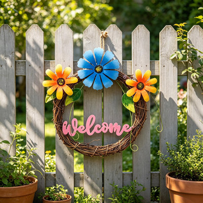 Couronne de fleurs, signe suspendu en rotin rustique avec marguerite bleue et orange