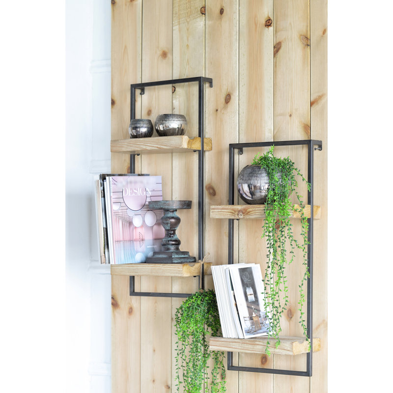 Tablette murale 12 x 6 x 27 po en fer et bois pour le salon, aspect industriel avec deux tablettes